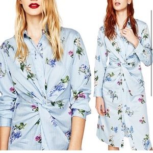 Zara Floral Striped Front Knot Shirt Dress Medium